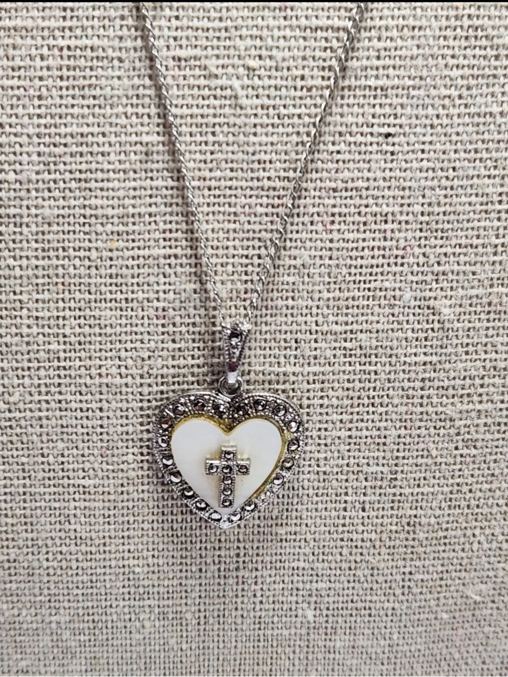 Vintage Sterling Silver Mother of Pearl Marcasite Cross Heart Pendant Necklace